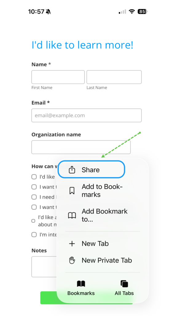 Click share in Safari