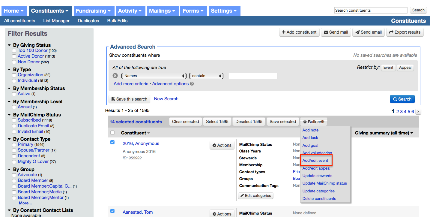Bulk edit event data in LGL