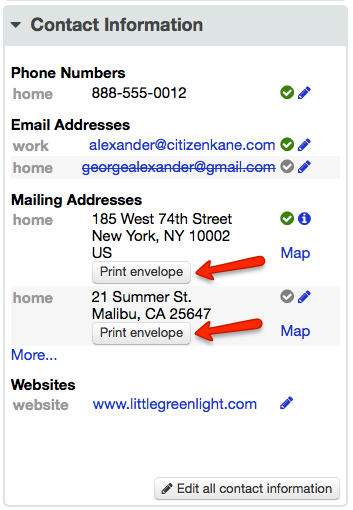 Print envelope from contact info screen in LGL