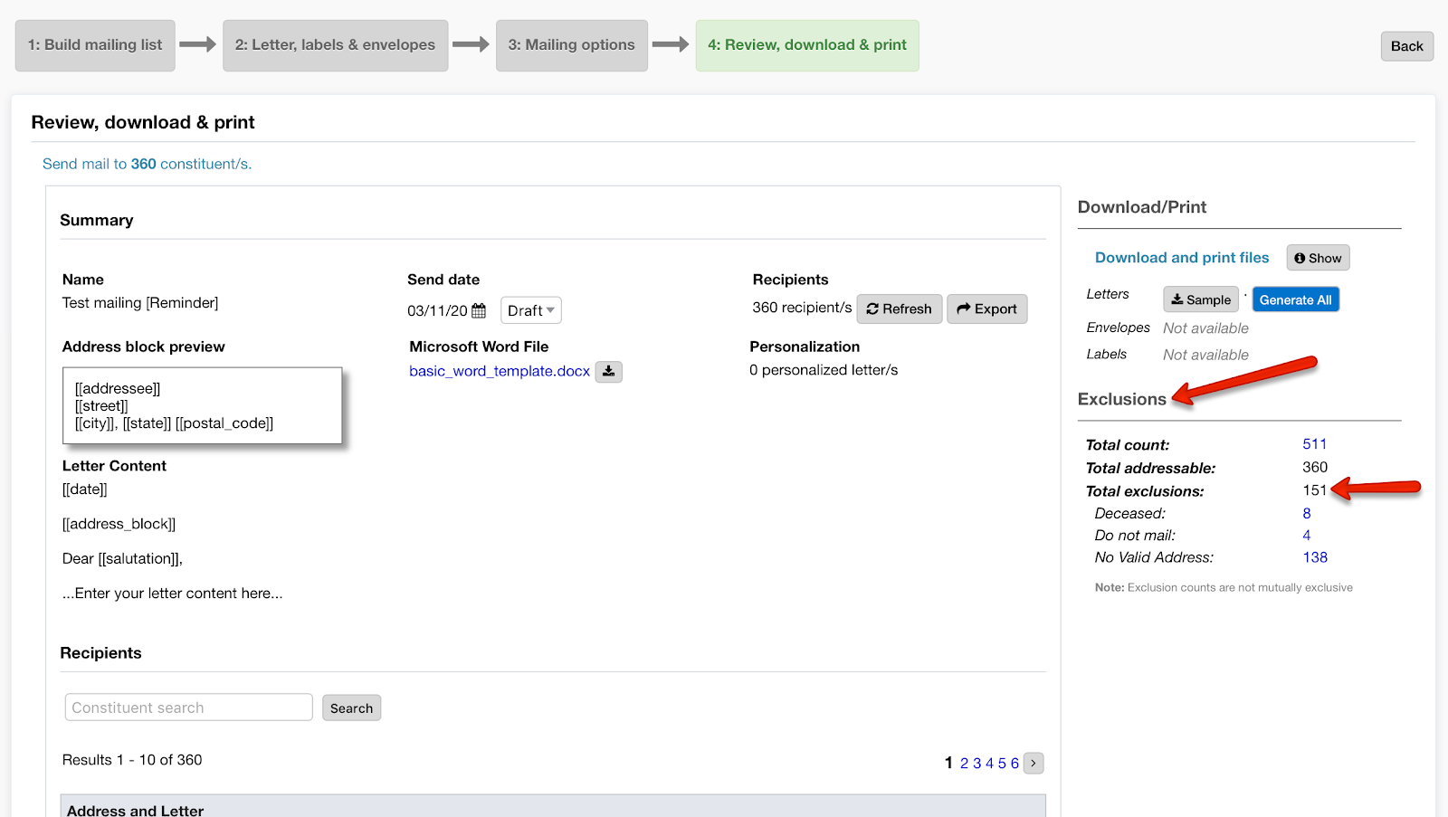 View excluded constituents in mailing