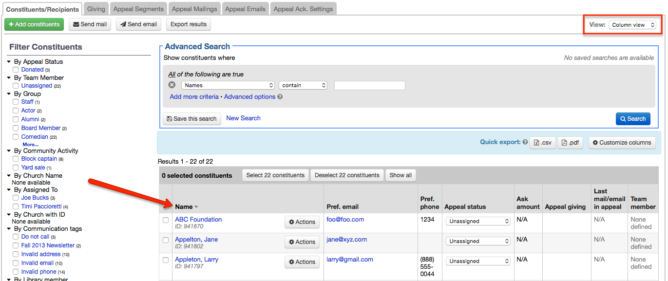 sort appeal columns in LGL