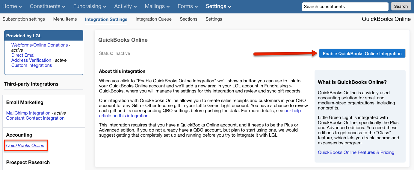 LGL integration with QuickBooks Online