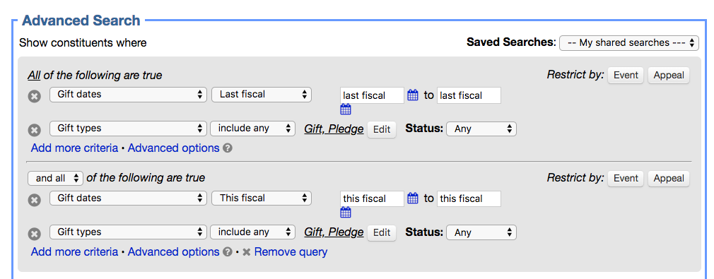 Consecutive year giving search criteria in Little Green Light