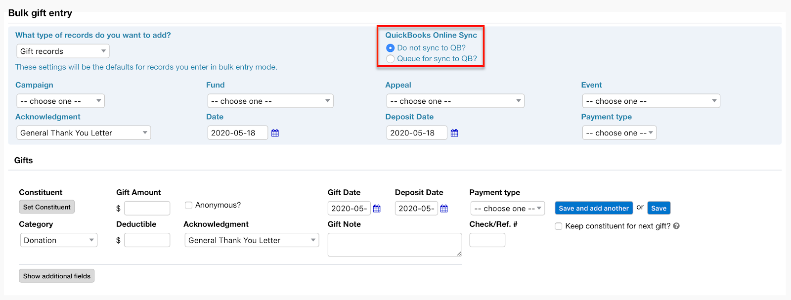 Sync bulk gifts to Quickbooks in LGL