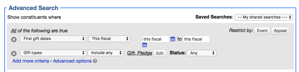 First time donor search criteria in Little Green Light