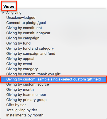 Custom gift field fundraising view