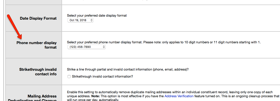 phone number settings in LGL