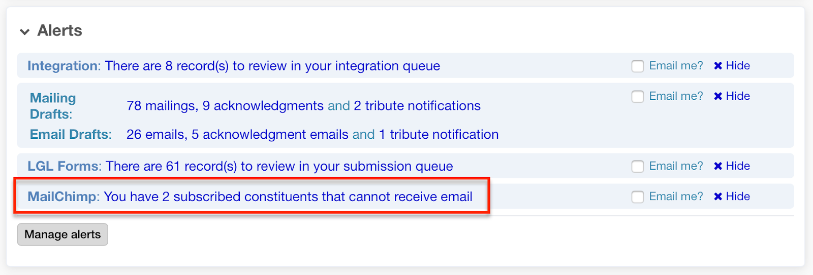 Mailchimp alerts updates