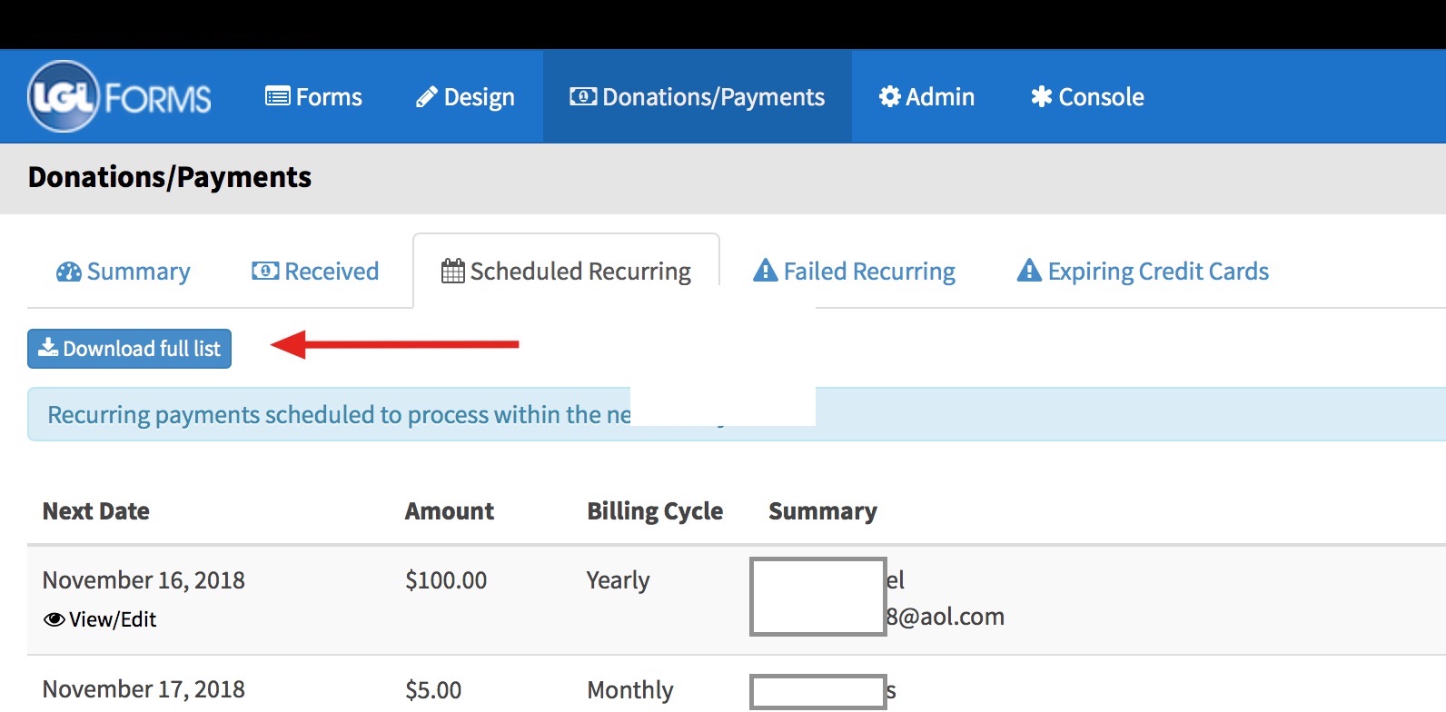 recurring donation report in LGL Forms