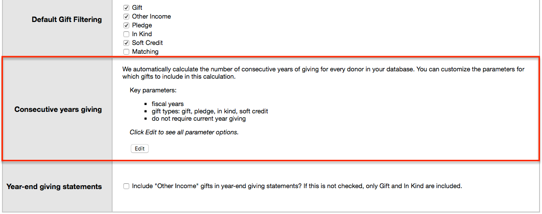 consecutive year giving settings in LGL