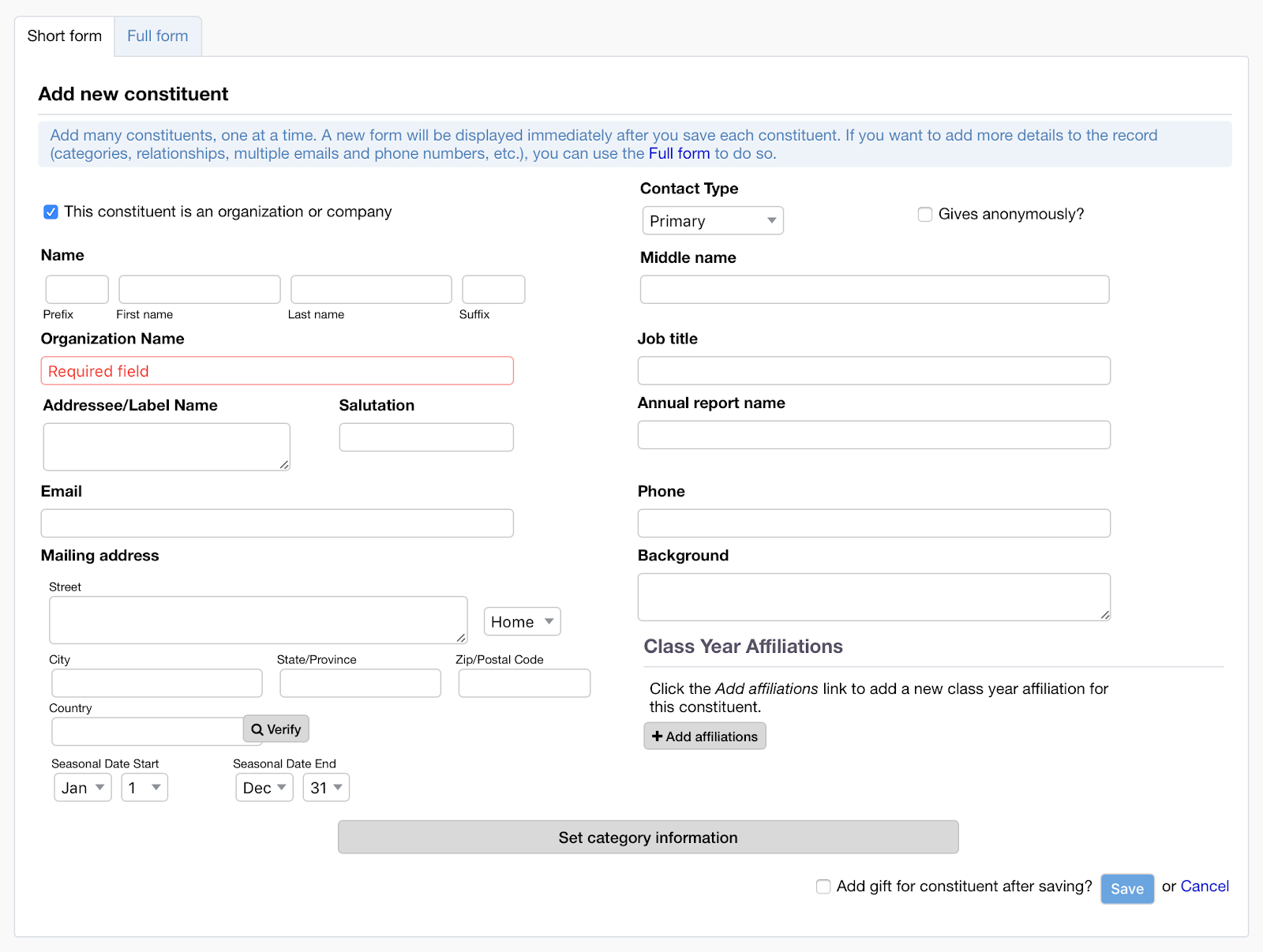 Organization record type short form