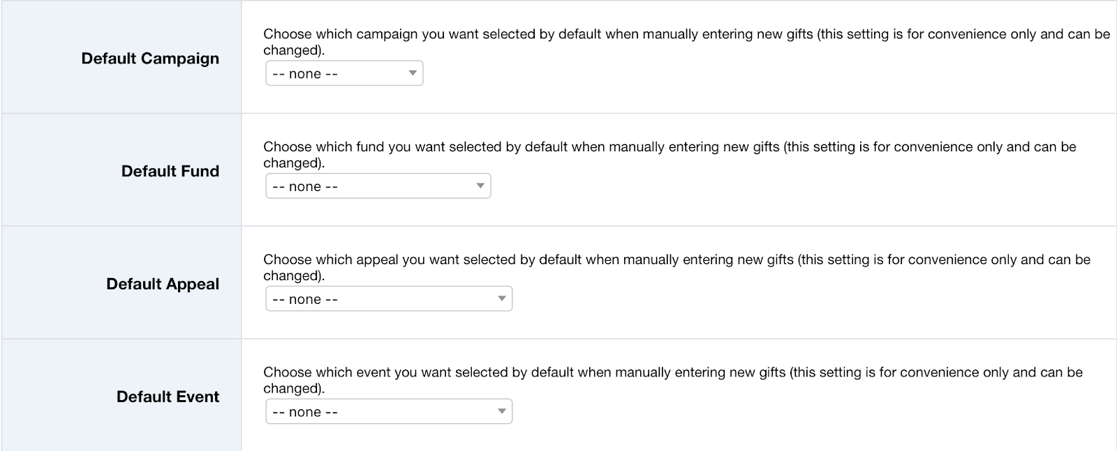 Setting and archiving default gift settings