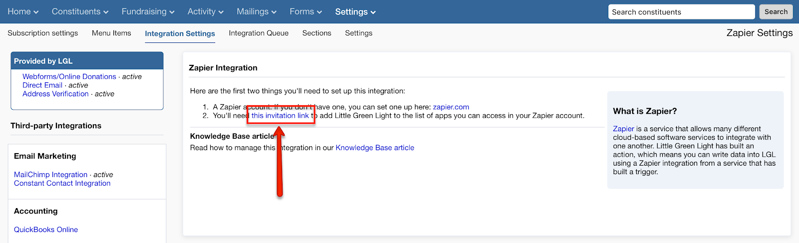 Set up Zapier integration in your LGL account