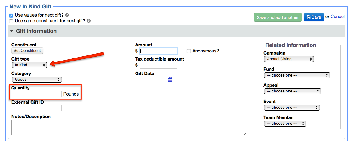 track quantity of in kind gifts in LGL