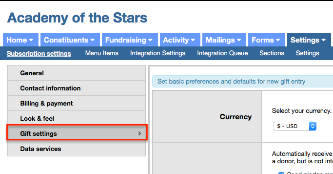 gift setting options in LGL