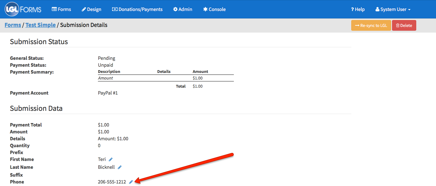 Edit phone number field in form submission in LGL