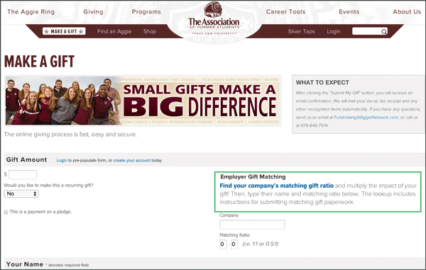 matching gift form on donation page