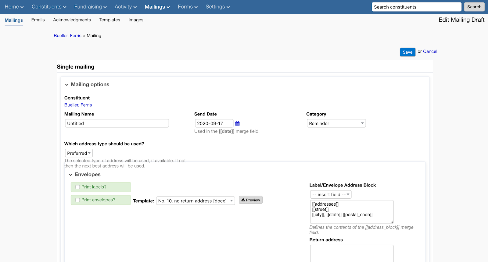 Create single mailing in LGL