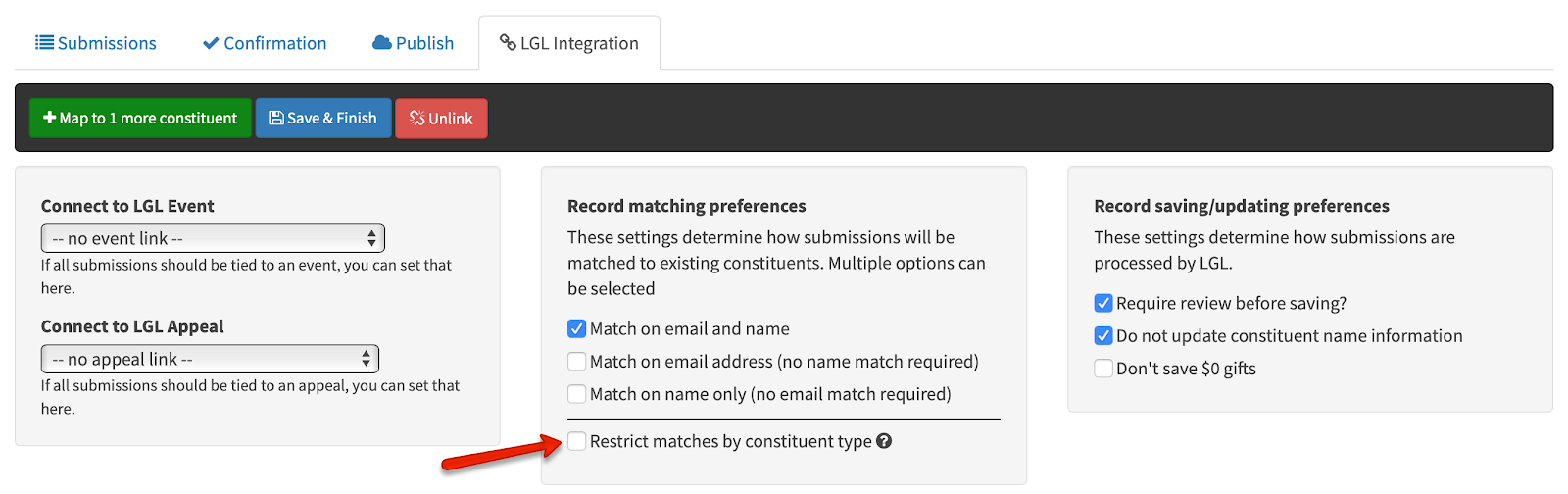 How to restrict matches by constituent type in LGL Forms