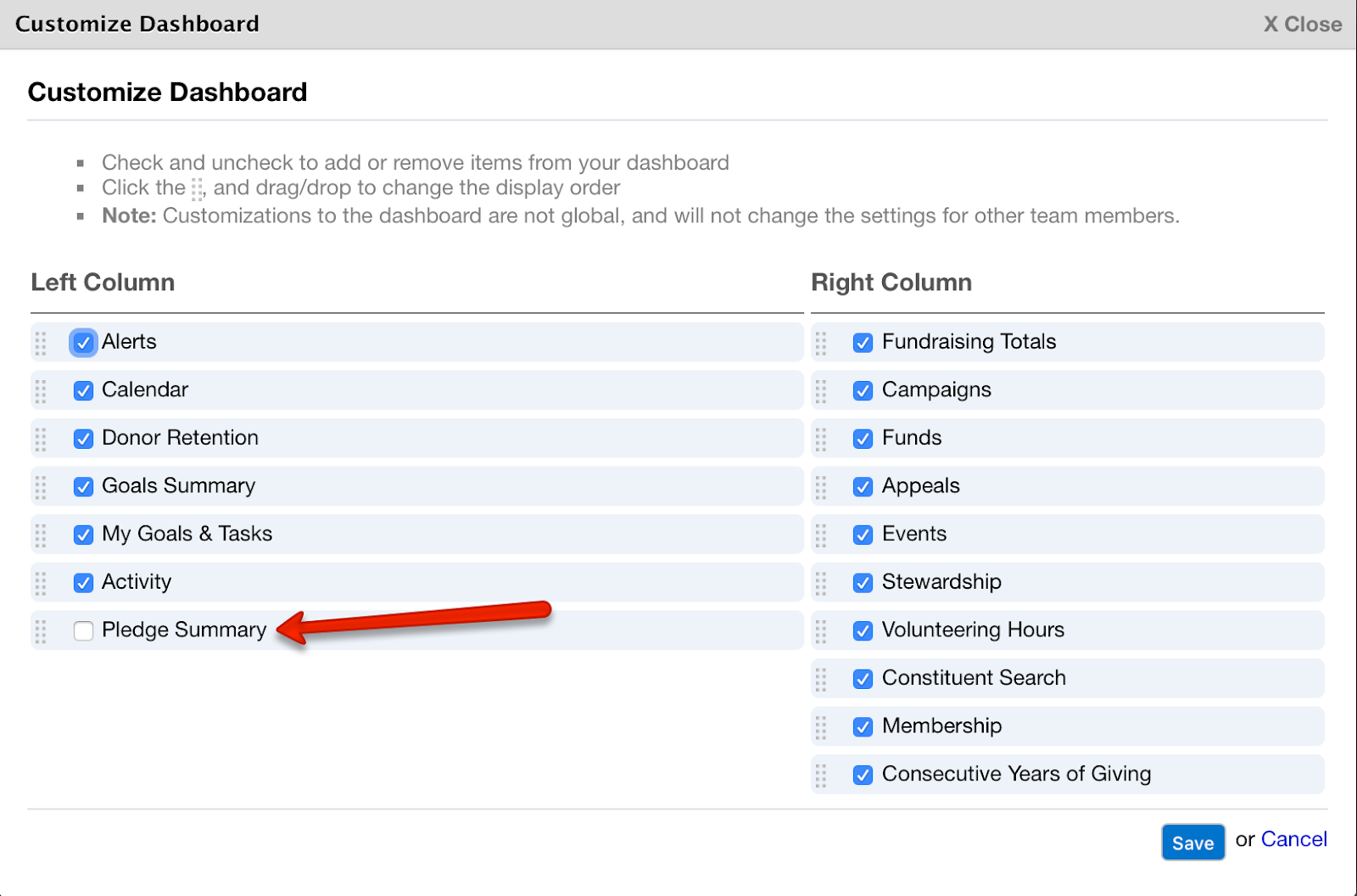 Pledge summary widget in LGL