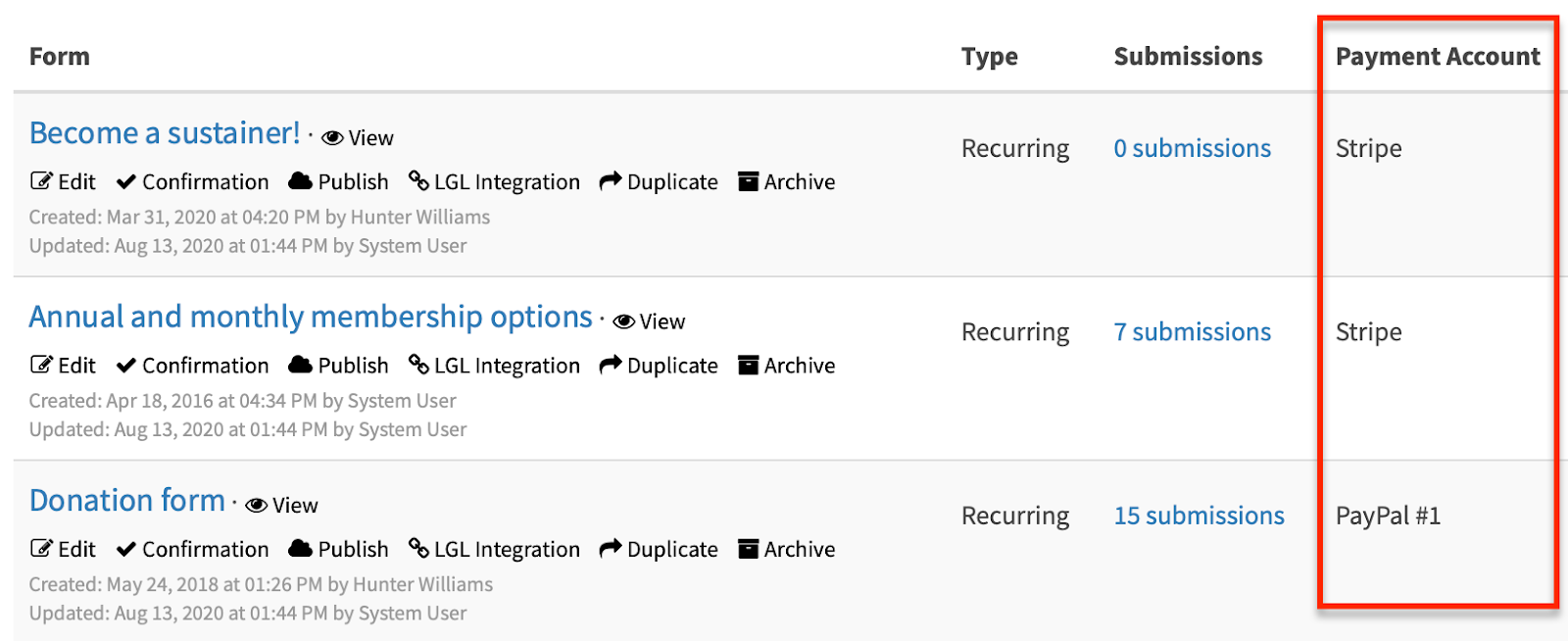 August 2020 update: Form shows payment processor used