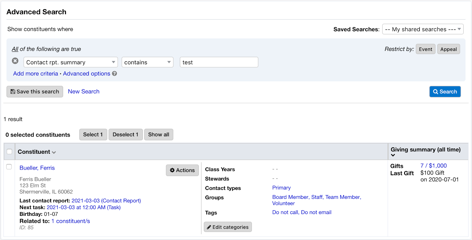 searchable contact report summary
