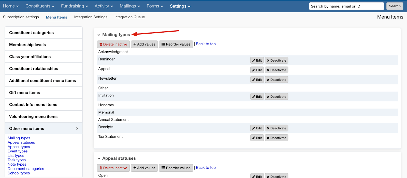 Mailing types in LGL