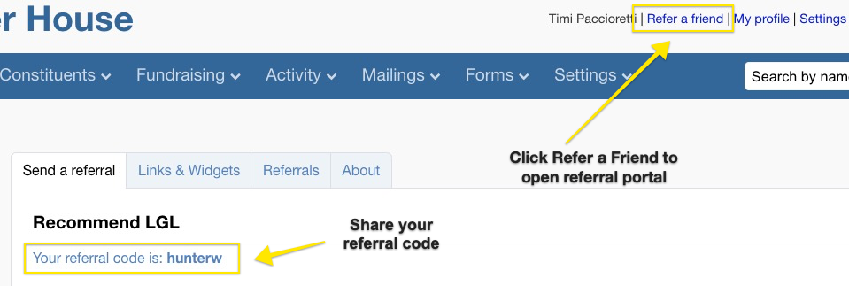 LGL Refer a friend dashboard