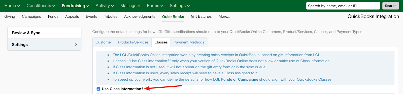 QuickBooks Class setting in LGL