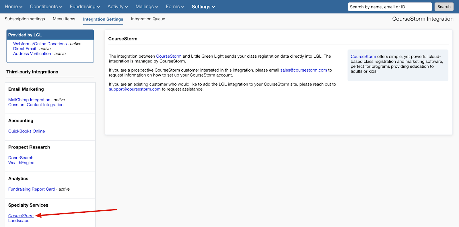 LGL-CourseStorm integration page