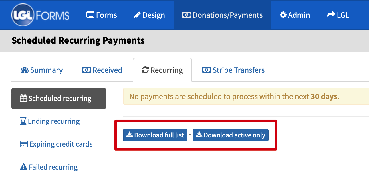 Download button for recurring payments in LGL