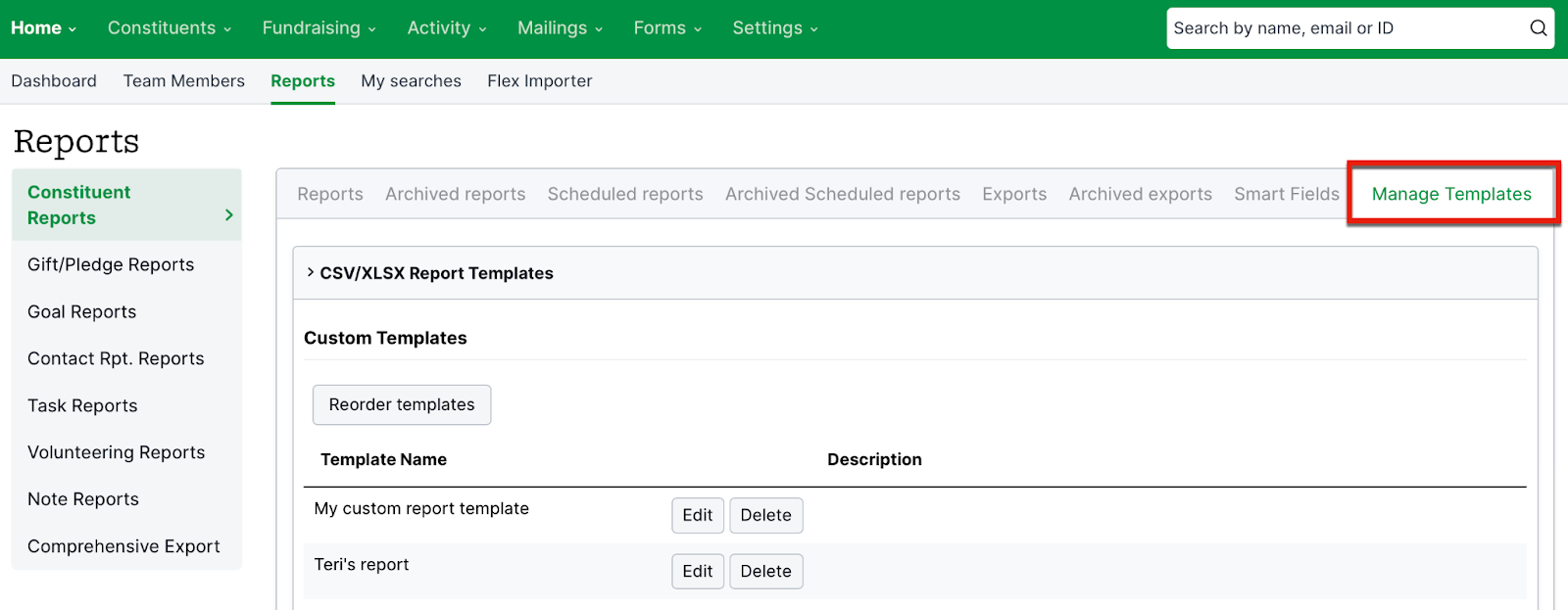 Manage report templates in LGL
