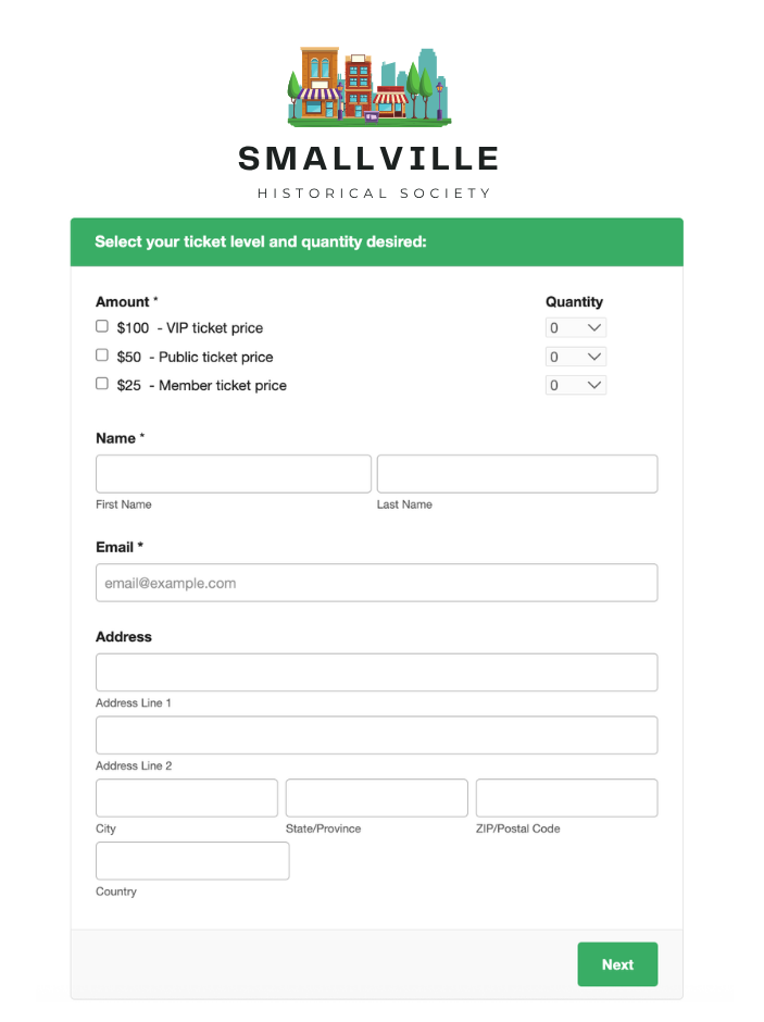 Event ticket form Example ticket order form in LGL Forms