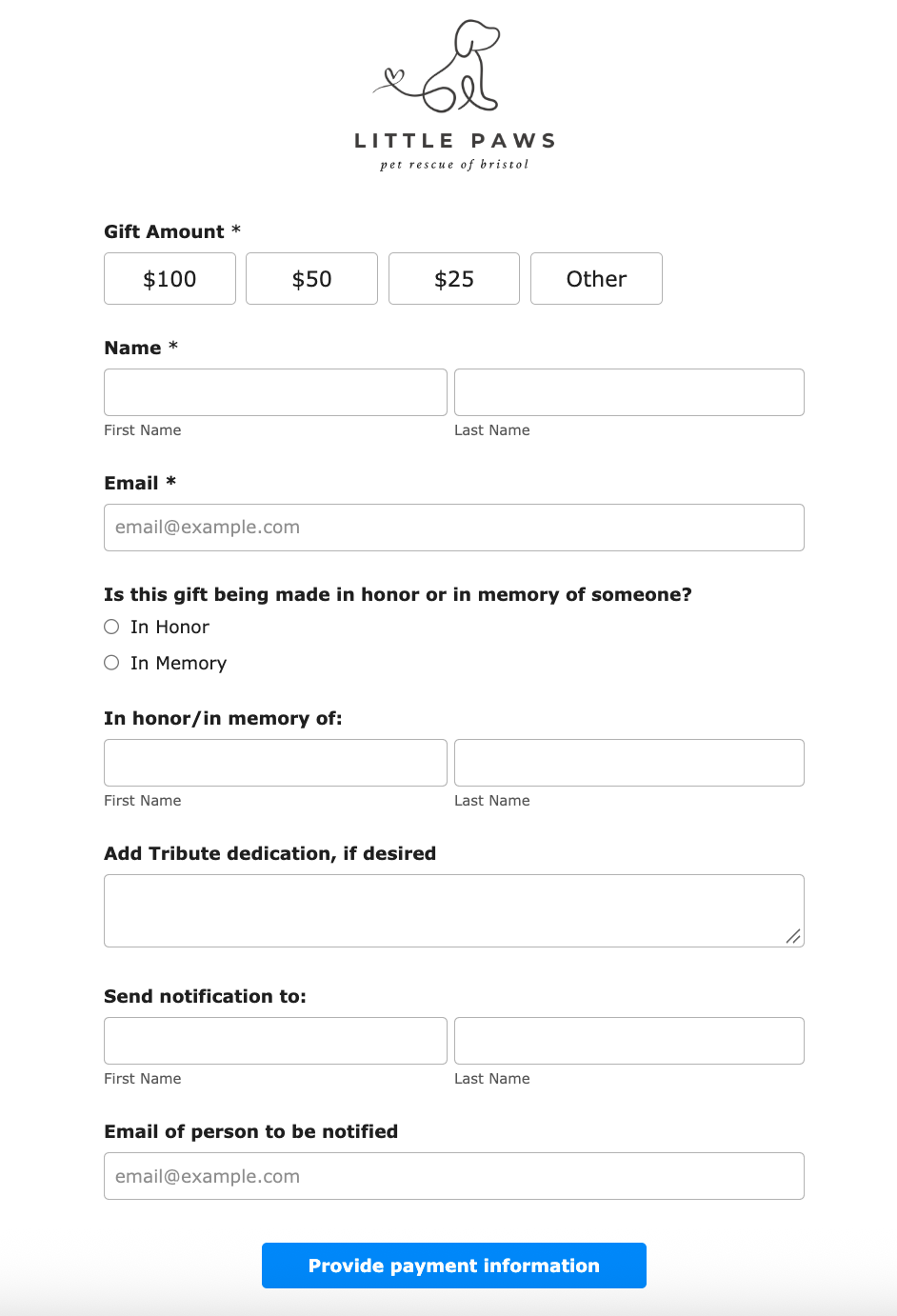 Tribute gift form example using LGL Forms