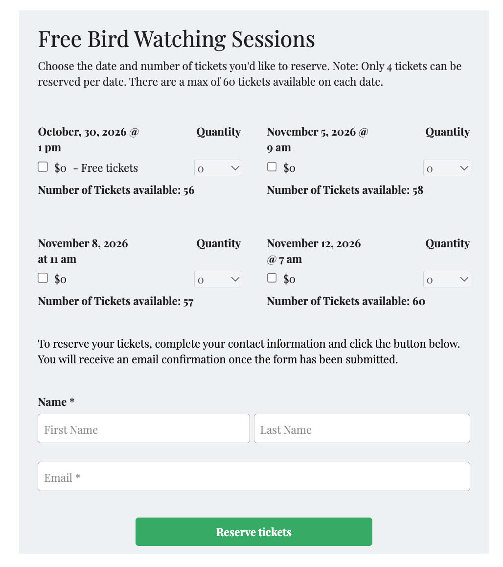 Free event registration form example using LGL Forms