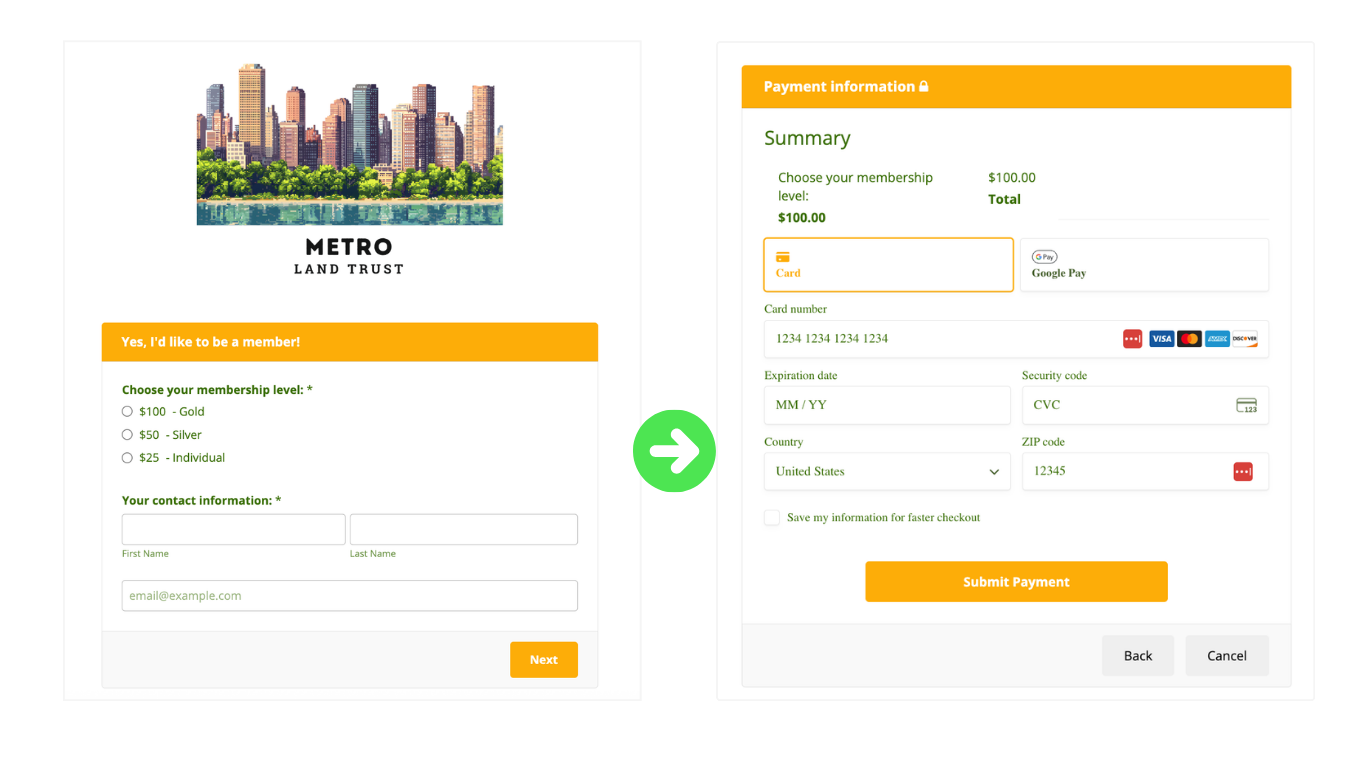 Membership payment form example in LGL Forms